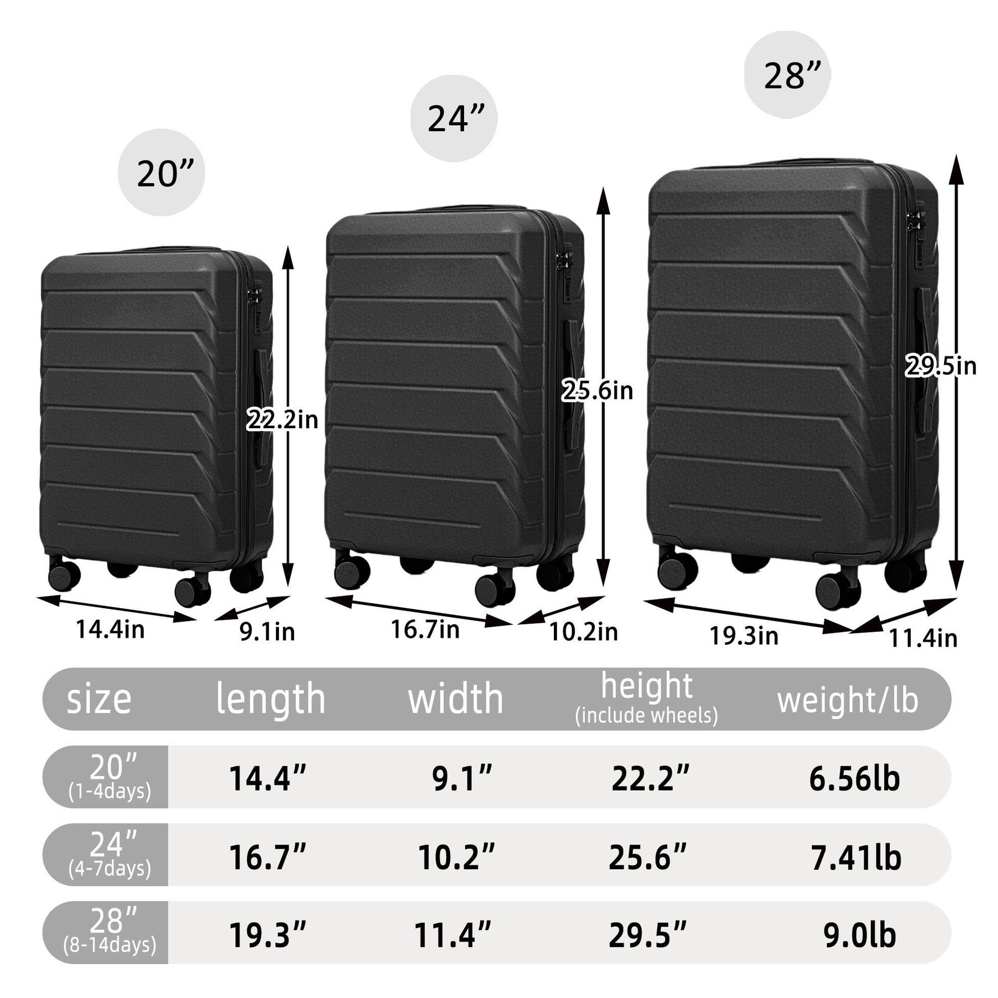 3 Pieces Set 20" / 24" / 28" Spinner Wheel Luggage With Combination Lock Daily Nest