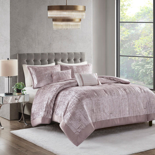 Lee - 5 Piece Crinkle Velvet Comforter Set - Blush