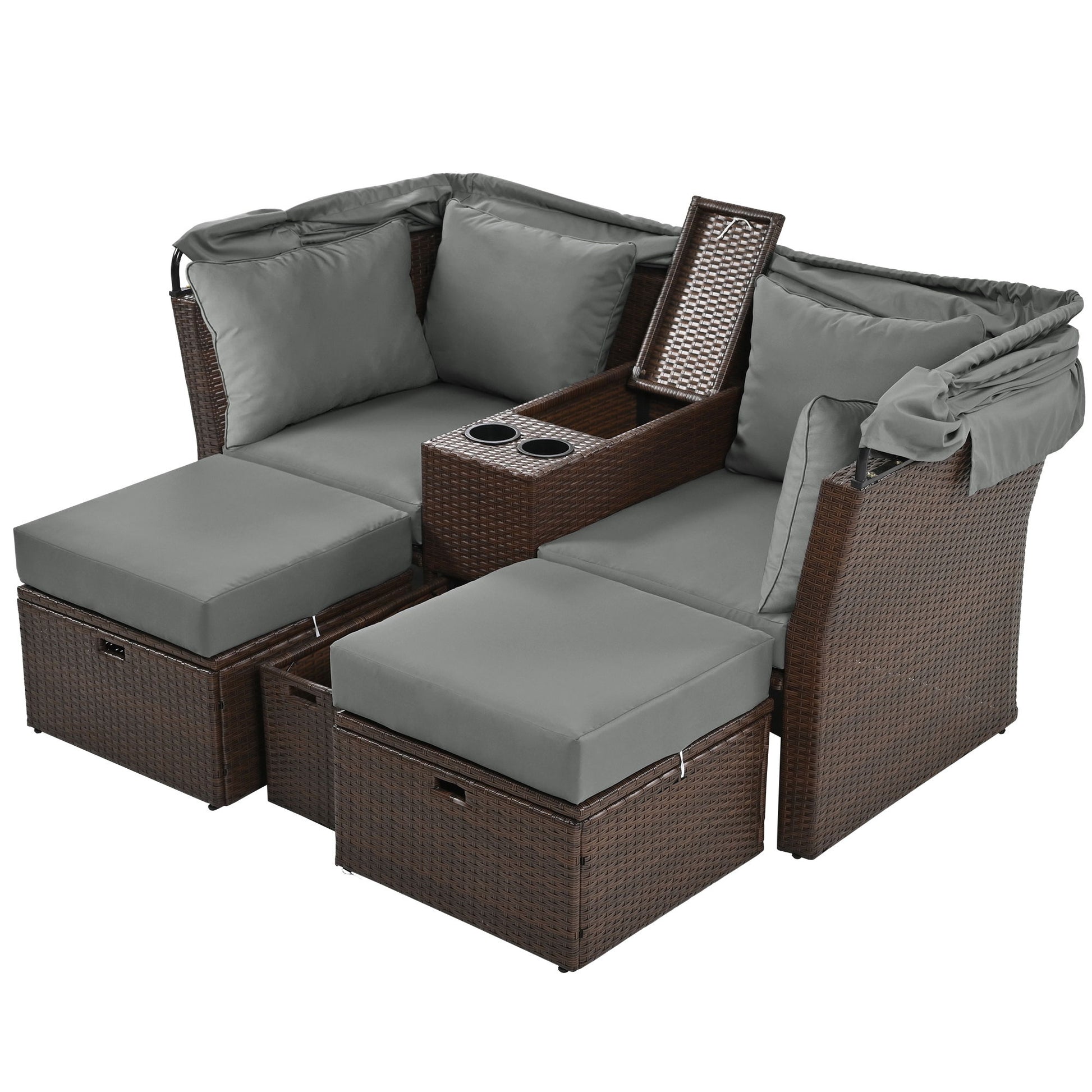2 Seater Outdoor Patio Daybed Outdoor Double Daybed Outdoor Loveseat Sofa Set With Foldable Awning And Cushions For Garden, Balcony, Poolside Hearth and Haven