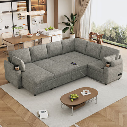 U-Shaped Sectional Sleeper Sofa With Ample Storage Space, 2 Cup Holders And Charging Ports For Living Room Hearth and Haven