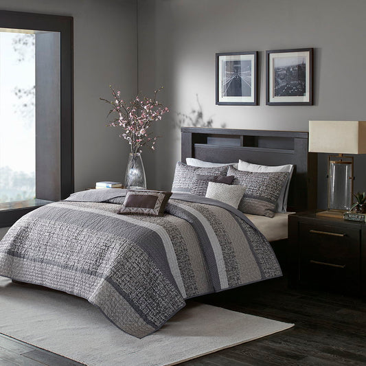 Rhapsody - King 6 Piece Reversible Coverlet Set - Gray / Taupe Madison Park