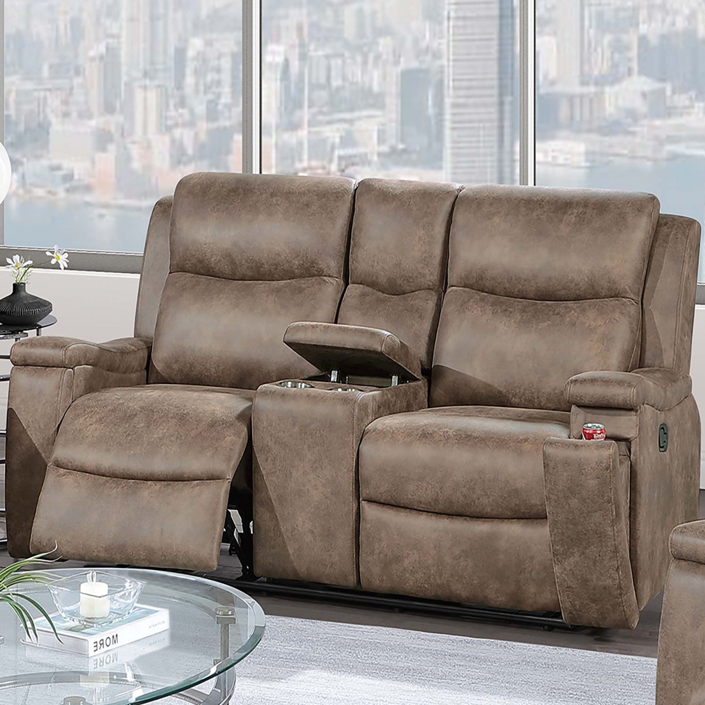 1 Piece Manual Motion Loveseat With Hidden Cup Holders, Plush Back Cushion - Auburn Home Essentials