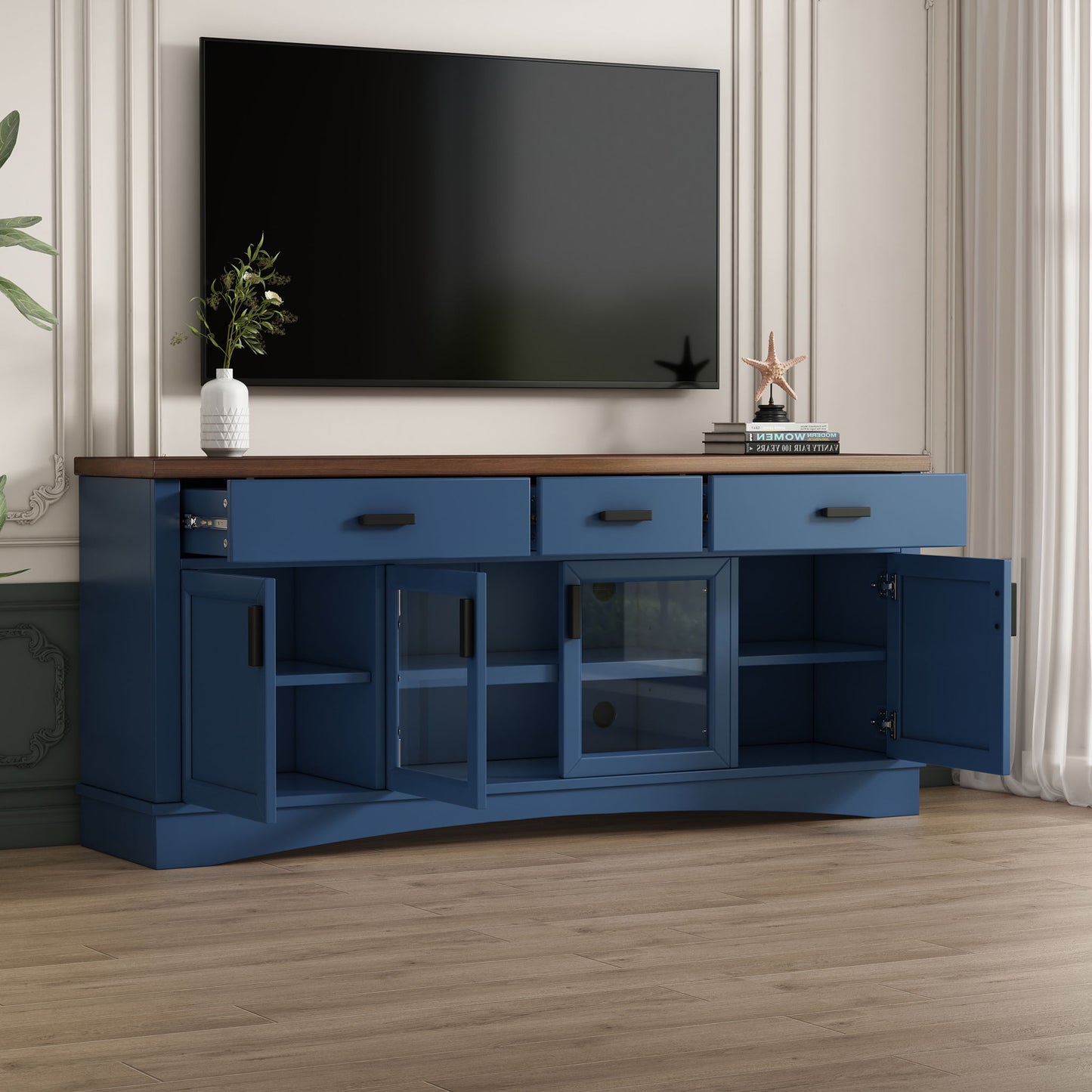 TV Console Stand, Glass Doors & Storage Drawers, Adjustable Shelves Noble House