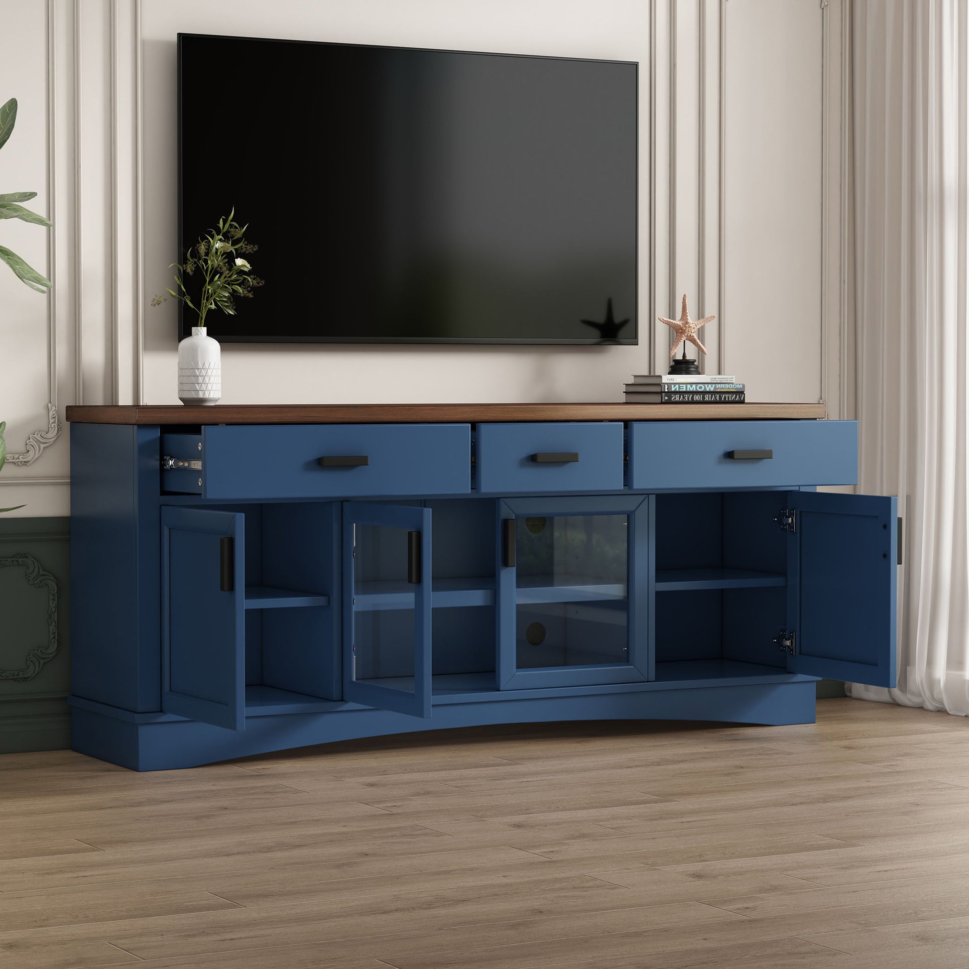 TV Console Stand, Glass Doors & Storage Drawers, Adjustable Shelves Noble House