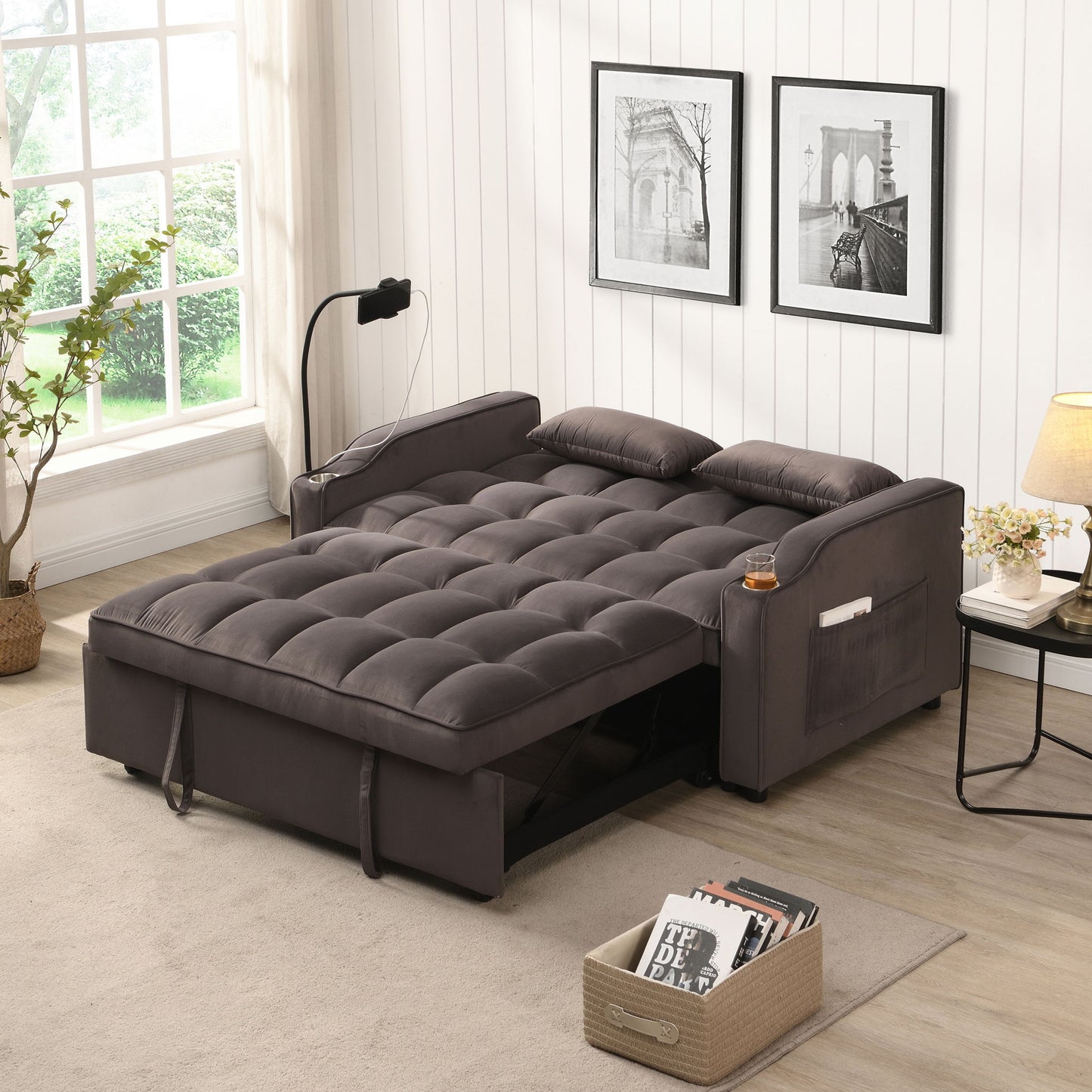 Modern Velvet Loveseat Futon Sofa With Pullout Bed, Adjustable Reclining Backrest, Toss Pillows Home Essentials