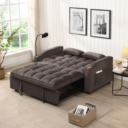Modern Velvet Loveseat Futon Sofa With Pullout Bed, Adjustable Reclining Backrest, Toss Pillows Home Essentials