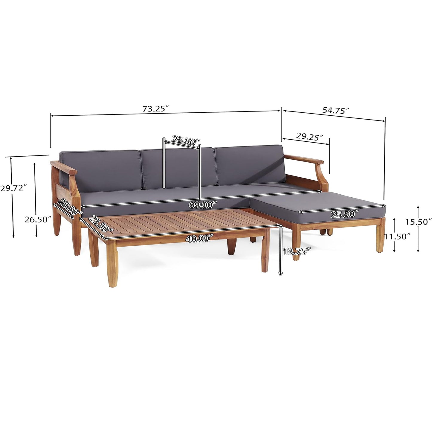 Bianca - Outdoor 3 Seater Sofa Chat Set With Ottoman - Teak Noble House