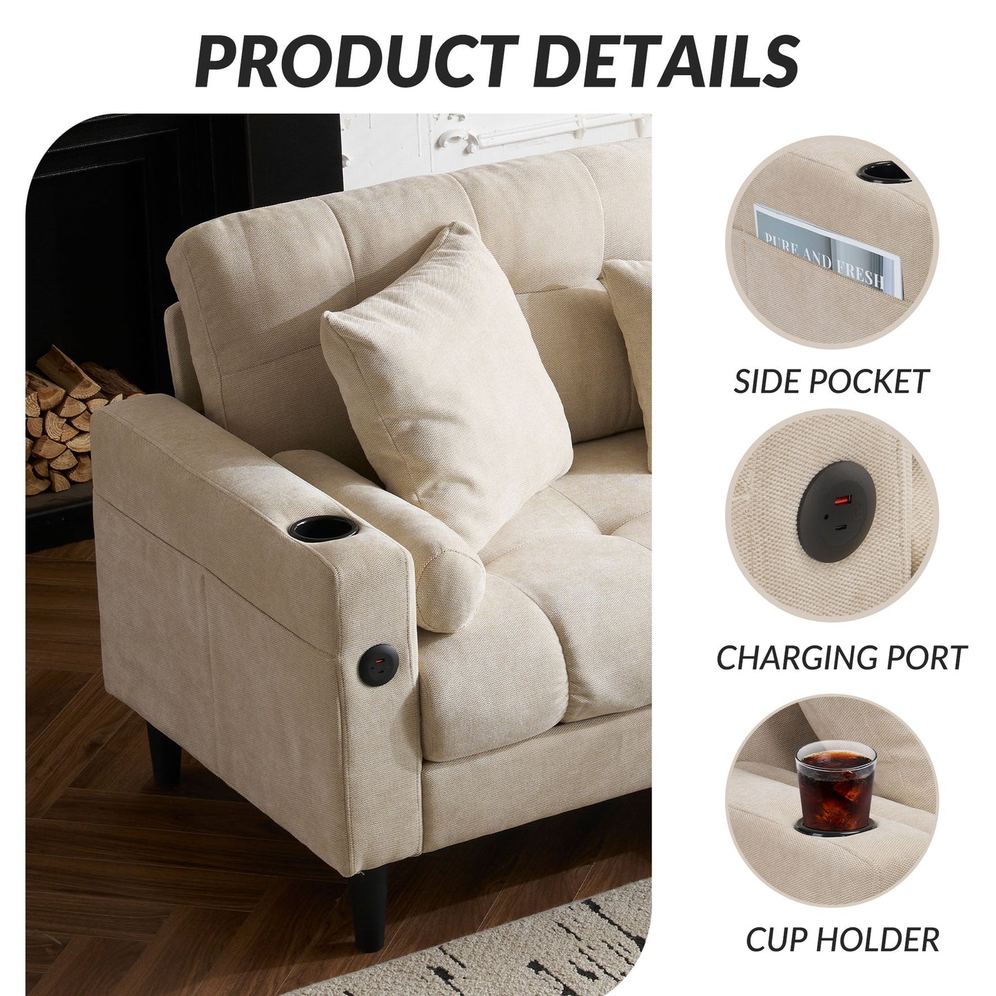 3 Seat L-Shaped Chenille Sofa With Removable And Storage Ottoman, Side Storage, And USB / C - Type Charging Ports Sofa For Living Room
