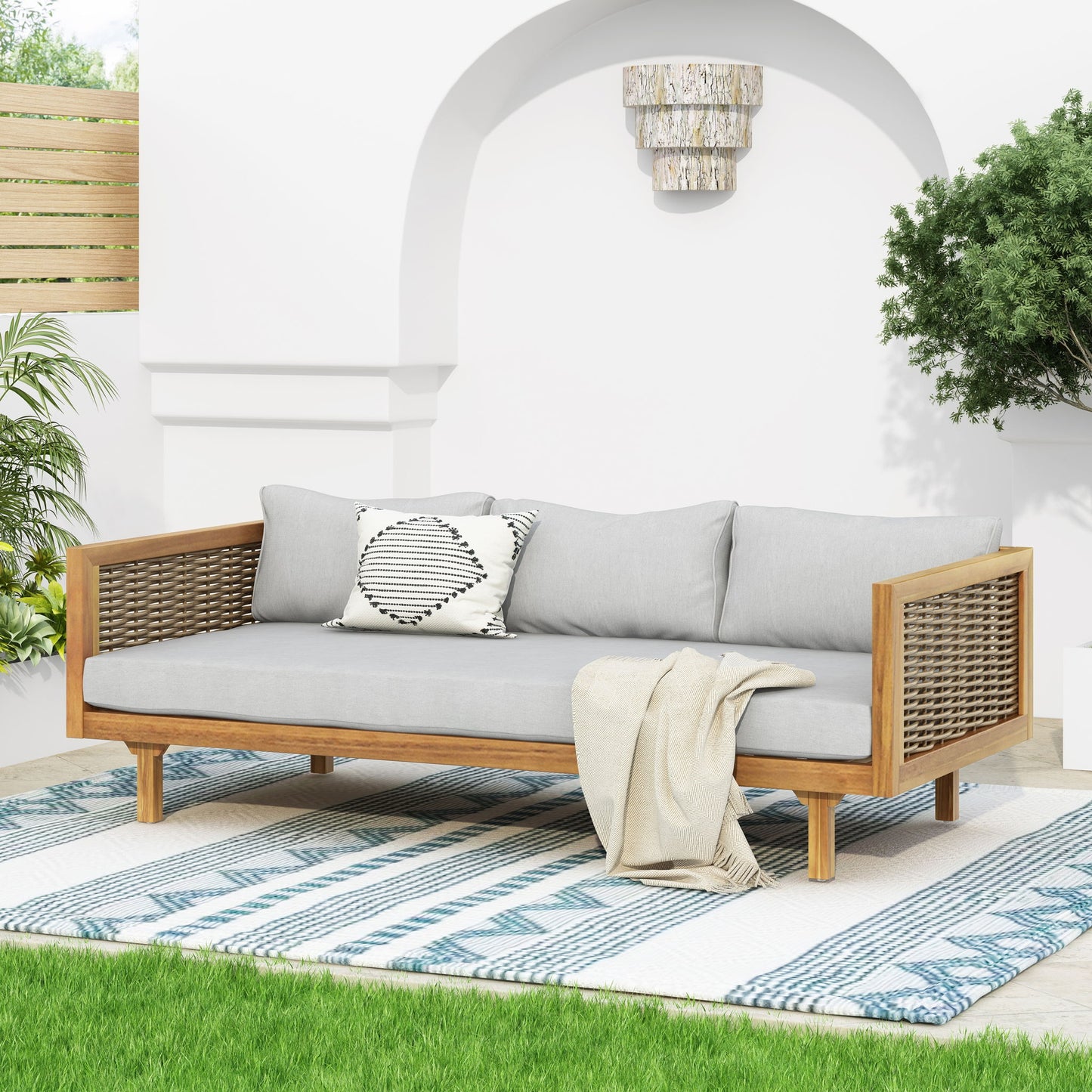Claremont - 3 Seater Daybed Teak Acacia Wood Water Resistant Cushions Noble House