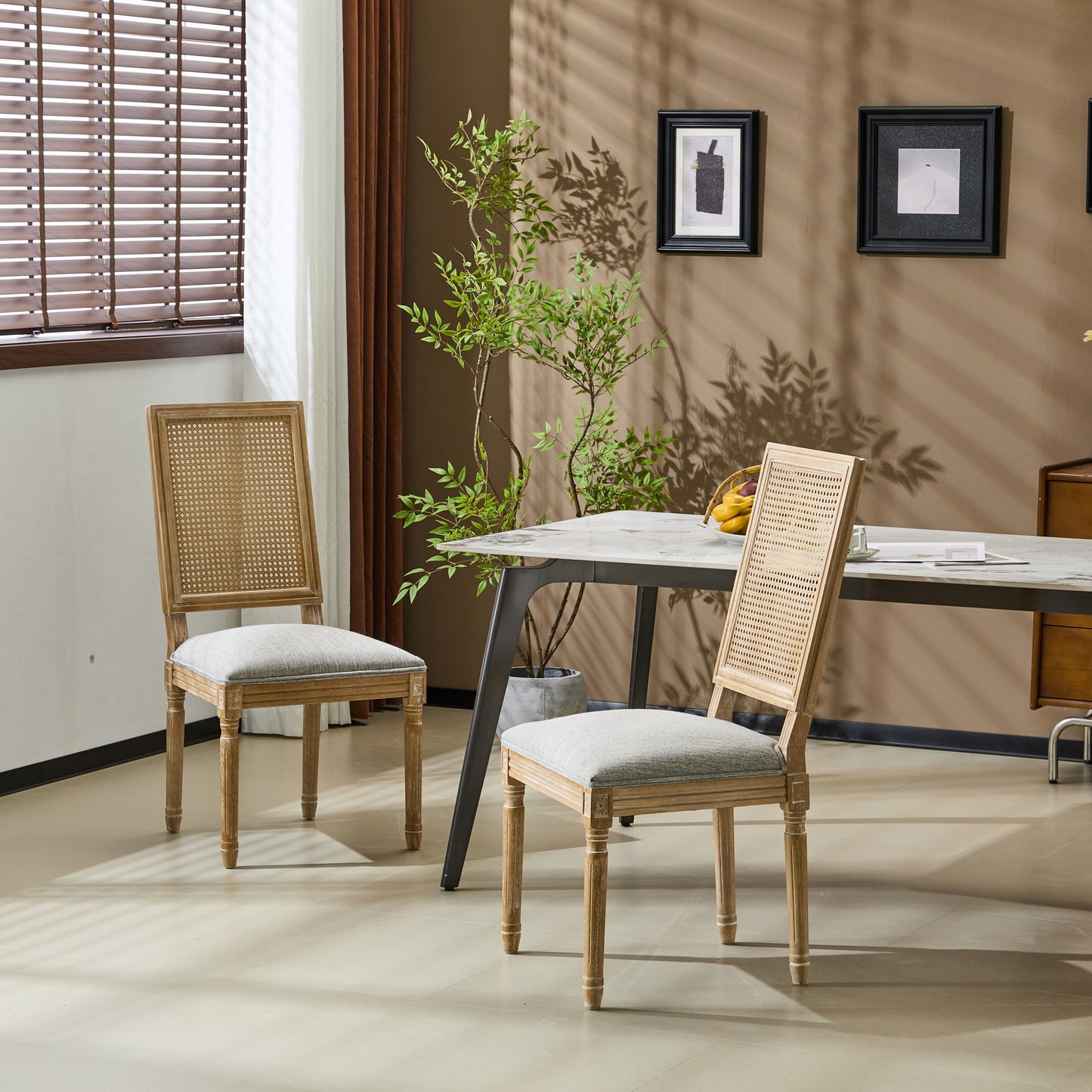 French Country Dining Chair With Rectangular Cane Backrest And Smooth Upholstered Seating Noble House