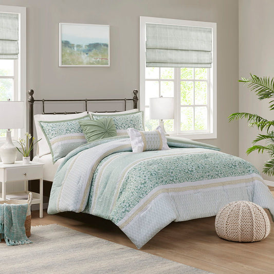 Caralie - 5 Piece King Seersucker Comforter Set With Throw Pillows - Green Madison Park