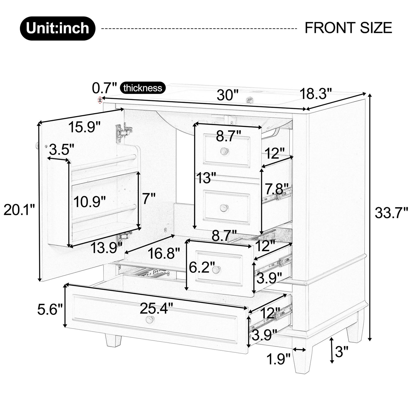 30" Bathroom Vanity With Sink, 1 Door With Shelf And 3 Drawers, Soft Close Door - Black Noble House