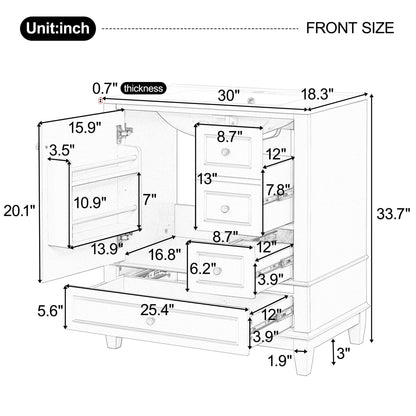 30" Bathroom Vanity With Sink, 1 Door With Shelf And 3 Drawers, Soft Close Door - Black Noble House