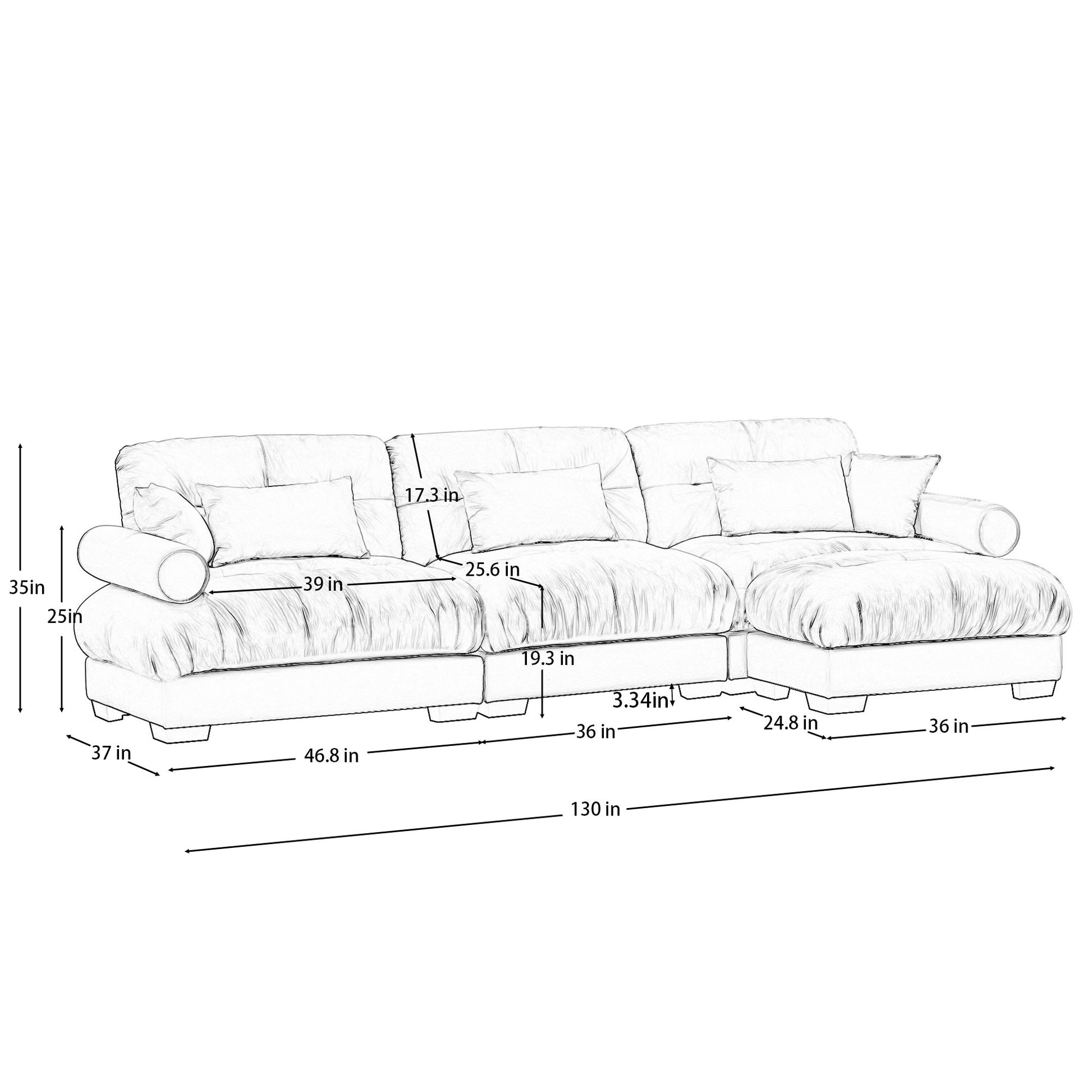 Modern Sectional Sofa With Ottoman, Round Bolster Armrests, Waist And Throw Pillows Home Essentials