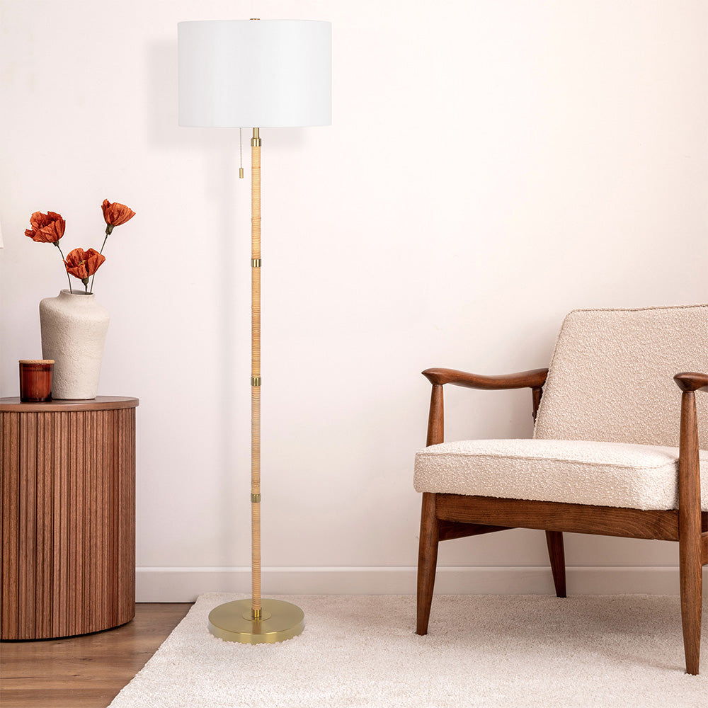 Stellar - Linen Shade Floor Lamp - Gold / Natural Wood / Rattan / White Ashcroft Furniture