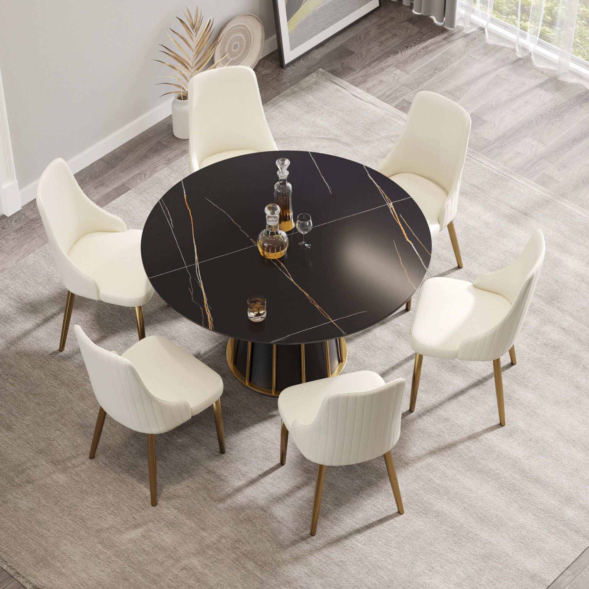 Modern Artificial Stone Round Metal Iron Base Dining Table, Can Accommodate 6 People (Not Including Chairs.) - Black Home Essentials