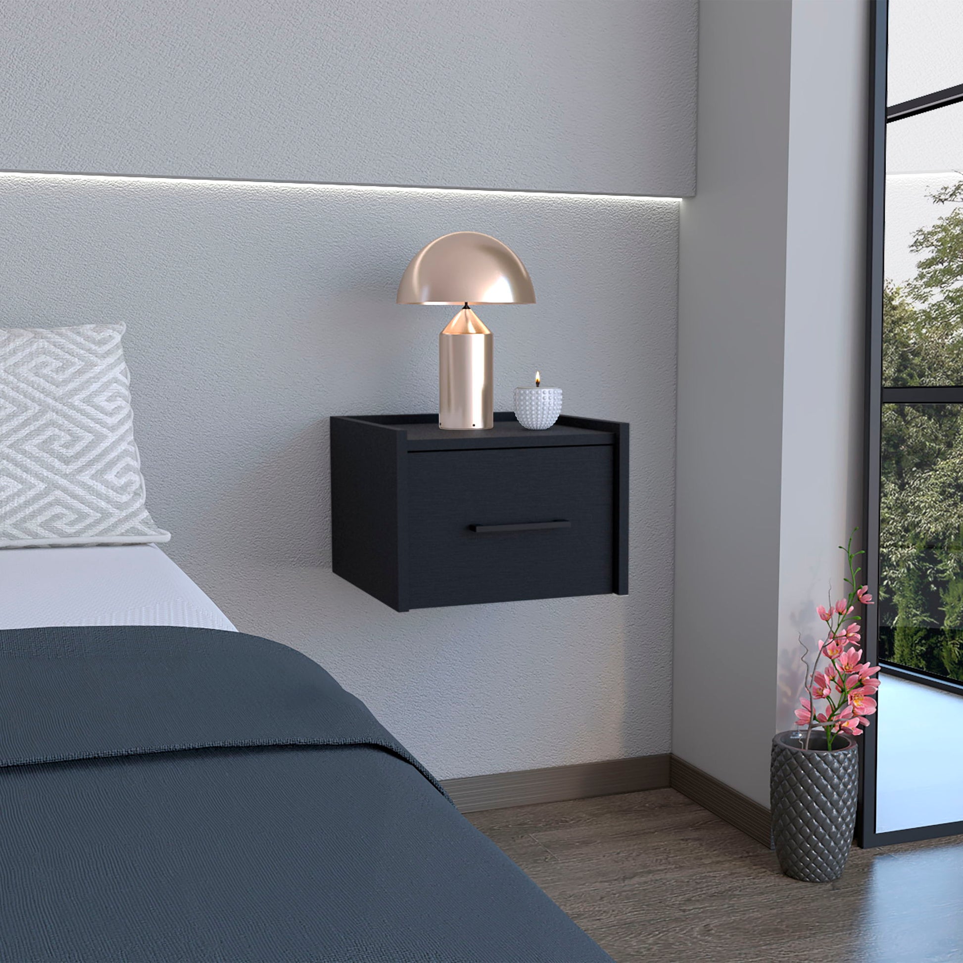Floating Nightstand, Space Saving Design With Handy Drawer And Surface - Black Home Essentials