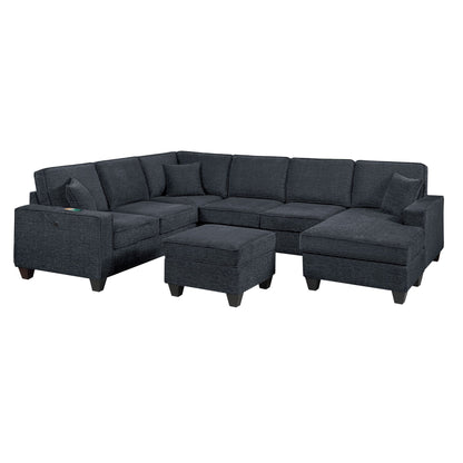 5 Piece Sectional Set With USB Port Left Arm Loveseat Chaise Right Arm Loveseat Corner Wedge Armless Chair Ottoman Upholstered - Black / Slate Home Essentials