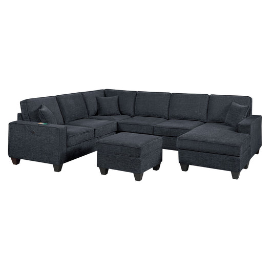 5 Piece Sectional Set With USB Port Left Arm Loveseat Chaise Right Arm Loveseat Corner Wedge Armless Chair Ottoman Upholstered - Black / Slate Home Essentials