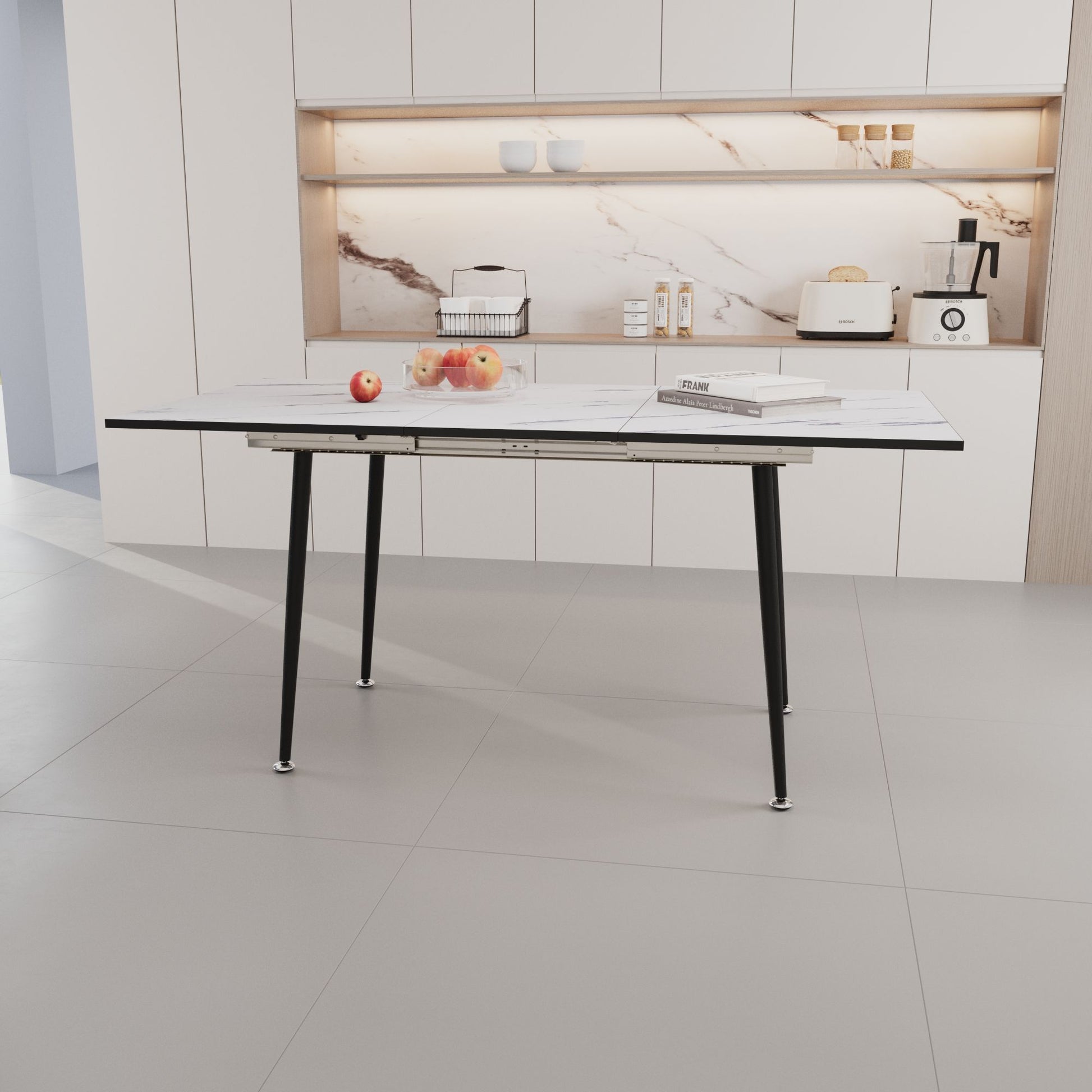 Modern Industrial Expandable Dining Table 47" To With Marble Pattern Top And Metal Legs - White Home Essentials
