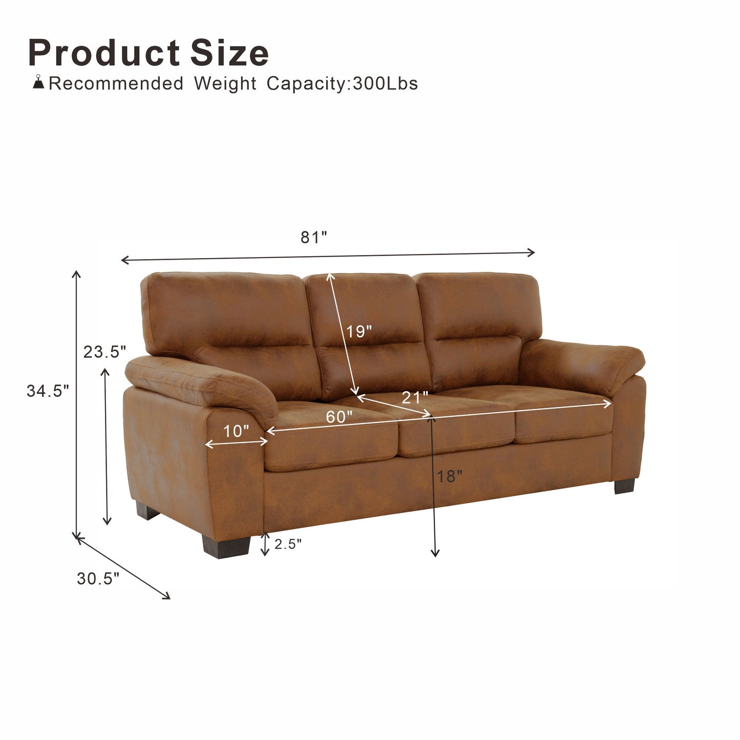 3 Seater Sofa With Padded Armrests And Triangular Leg Home Essentials