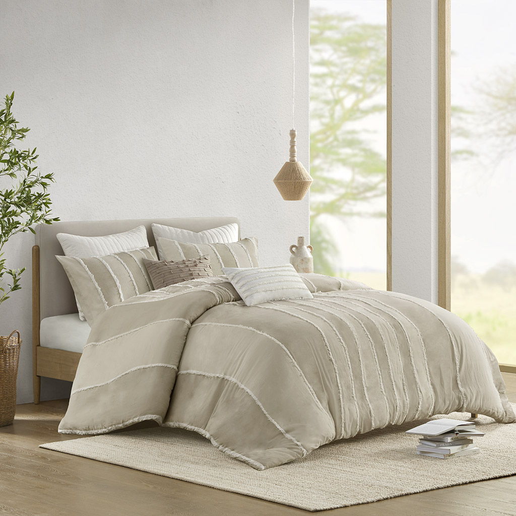 Shay - 3 Piece Striped Cotton Duvet Cover Set - Taupe