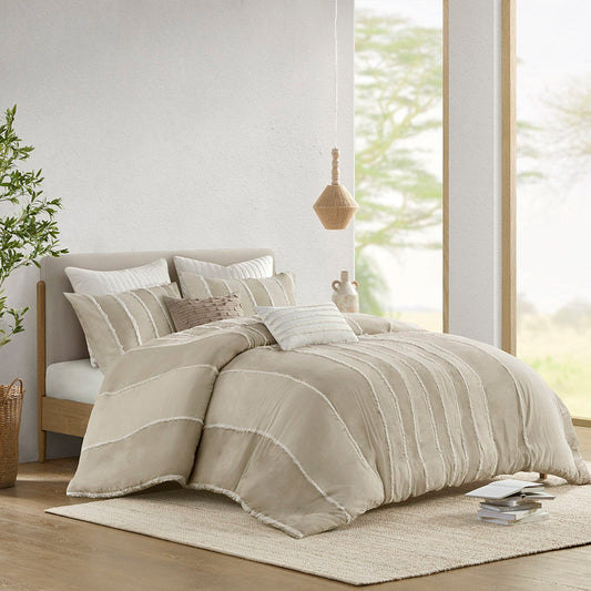 Shay - 3 Piece Striped Cotton Duvet Cover Set - Taupe