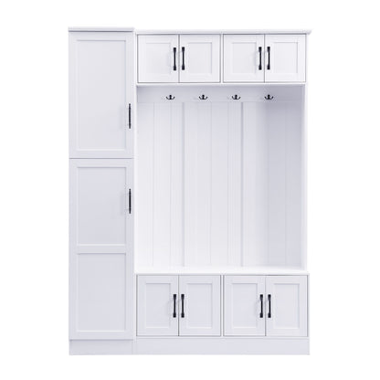 Tall Hall Tree With Shoe Storage, 4 In 1 Entryway Bench With 6 Cabinets, 4 Coat Hooks & Adjustable Shelf For Hallway - White Hearth and Haven