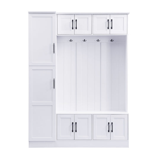 Tall Hall Tree With Shoe Storage, 4 In 1 Entryway Bench With 6 Cabinets, 4 Coat Hooks & Adjustable Shelf For Hallway - White Hearth and Haven