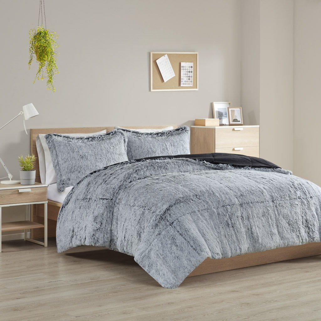 Malea - Shaggy Long Fur King Comforter Mini Set - Black/Light Blue Intelligent Design