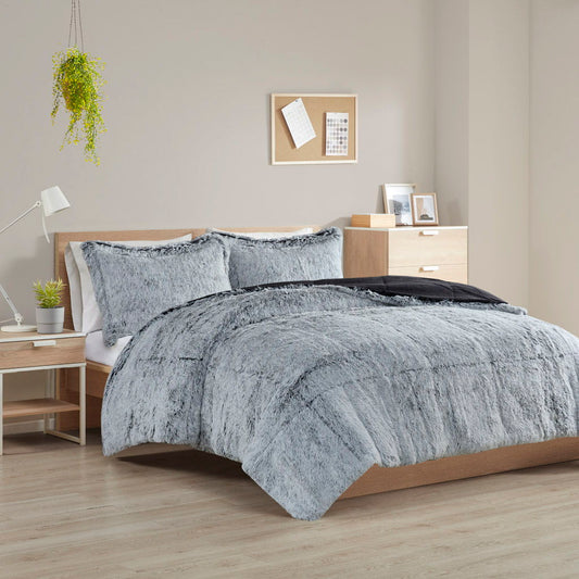 Malea - Shaggy Long Fur King Comforter Mini Set - Black/Light Blue Intelligent Design