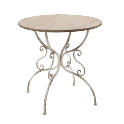 Round Wooden Table With Metal Scrollwork Legs - White Washed Home Essentials