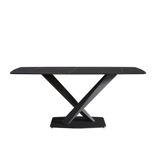 70.87" Modern Artificial Stone Black Curved Black Metal Leg Dining Table, Can Accommodate 6-8 People - Black Home Essentials