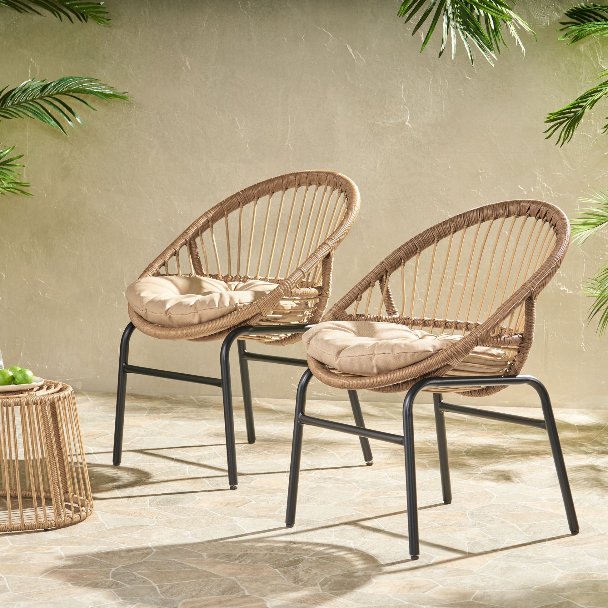 Outdoor Accent Chair With Curved Back And Basket Frame, (Set of 2) - Light Brown / Beige Noble House