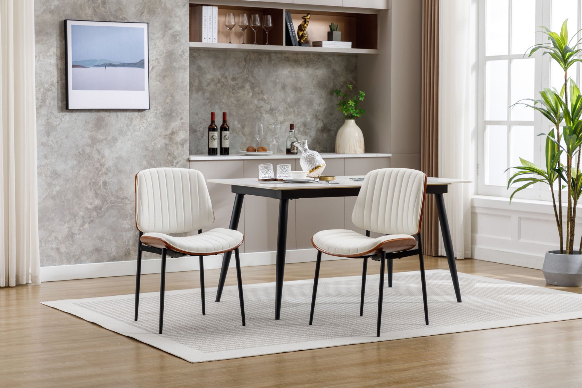 Dining Chairs (Set of 2) Mid-Century Modern Retro Faux Leather Chair With Bentwood Upholstered Seat Metal Legs Adjustable Foot For Kitchen Dining Room Chairs Home Essentials