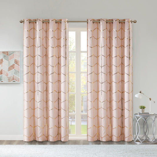 Raina - 84" Total Blackout Metallic Print Grommet Top Curtain Panel - Blush / Gold