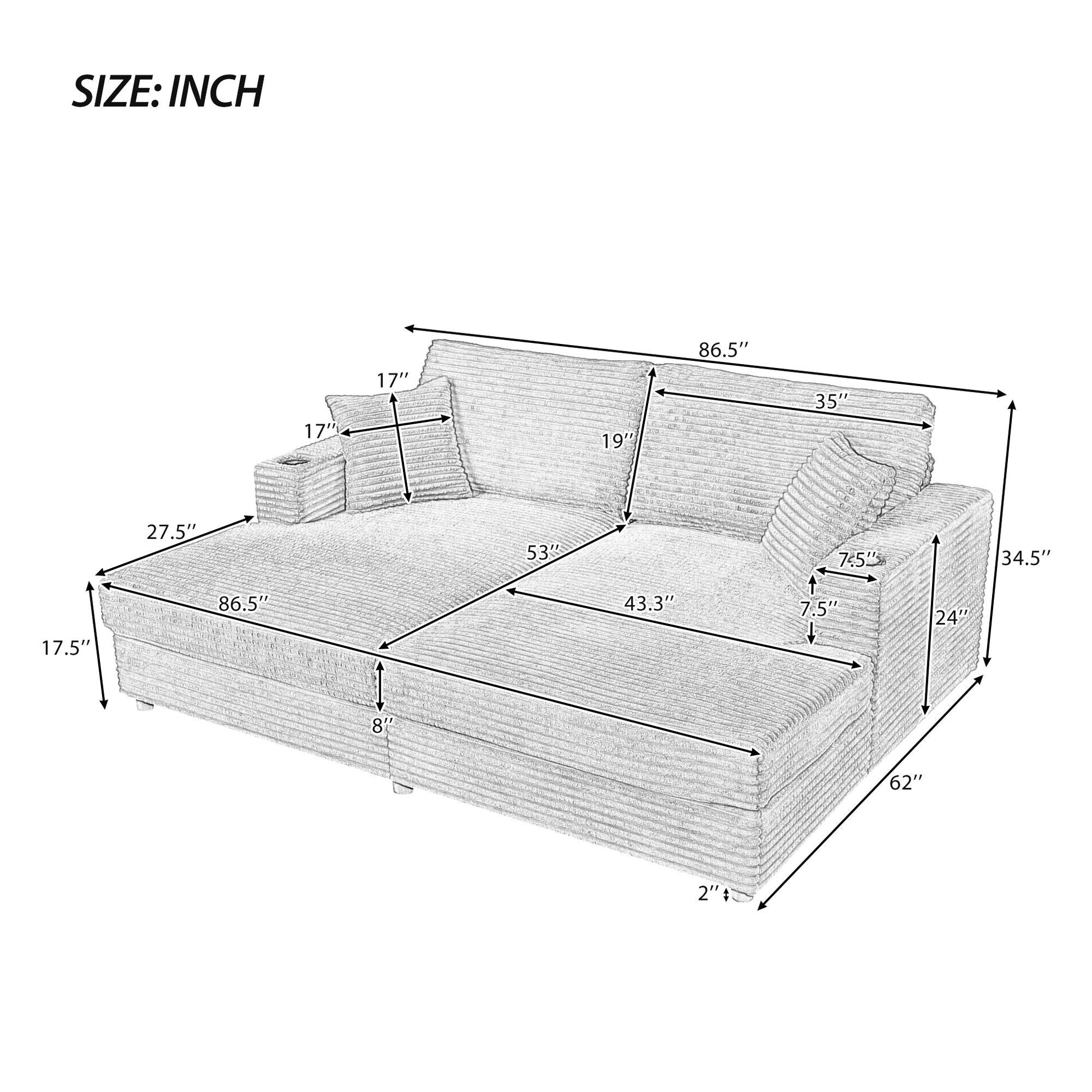 Oversized Loveseat Chaise With 2 USB Ports, 2 Cup Holders And 2 Throw Pillows Hearth and Haven