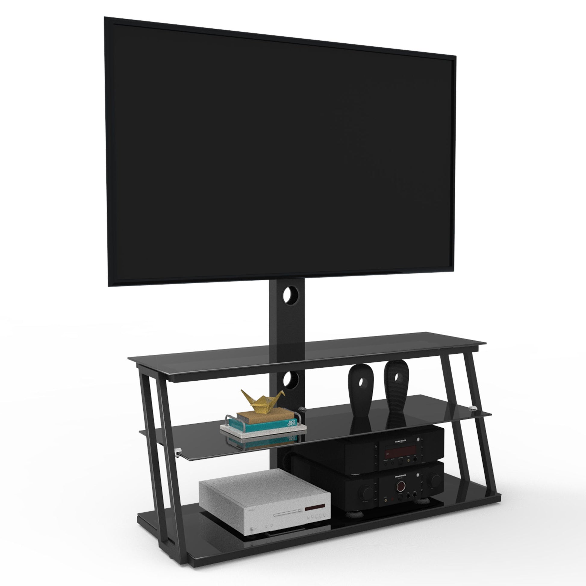Multi-Function Angle And Height Adjustable Tempered Glass TV Stand - Black Home Essentials