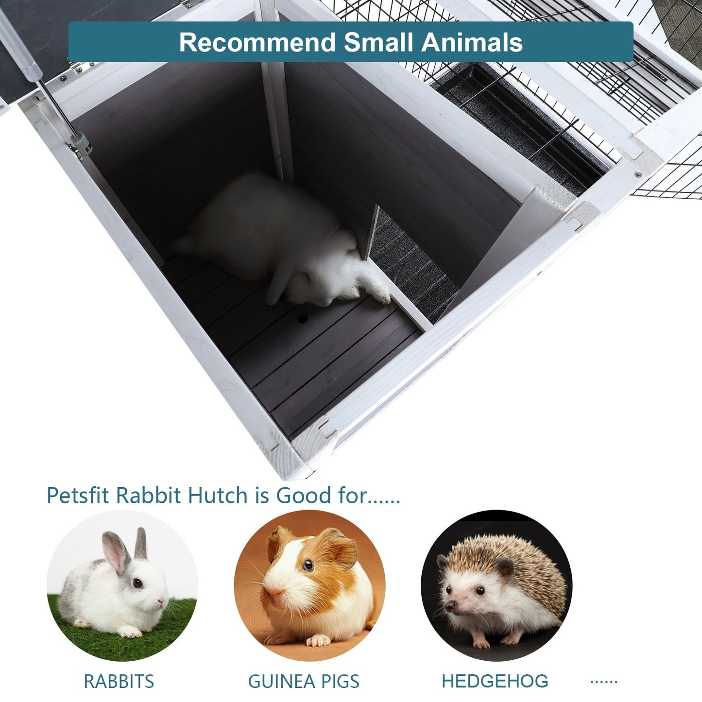 Two Tier Wooden Indoor / Outdoor Rabbit Cage For Small Animals With Runway And Leak-Proof Plastic Tray Daily Nest