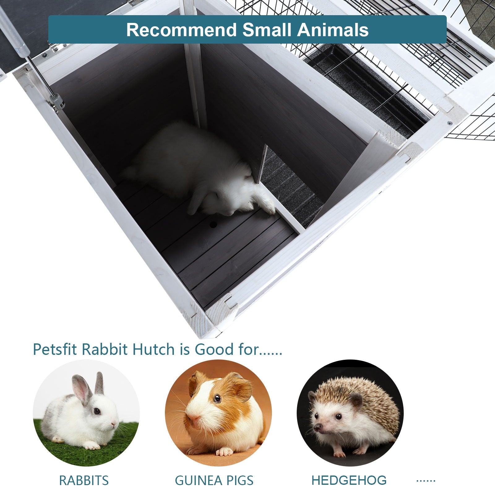 Two Tier Wooden Indoor / Outdoor Rabbit Cage For Small Animals With Runway And Leak-Proof Plastic Tray Daily Nest