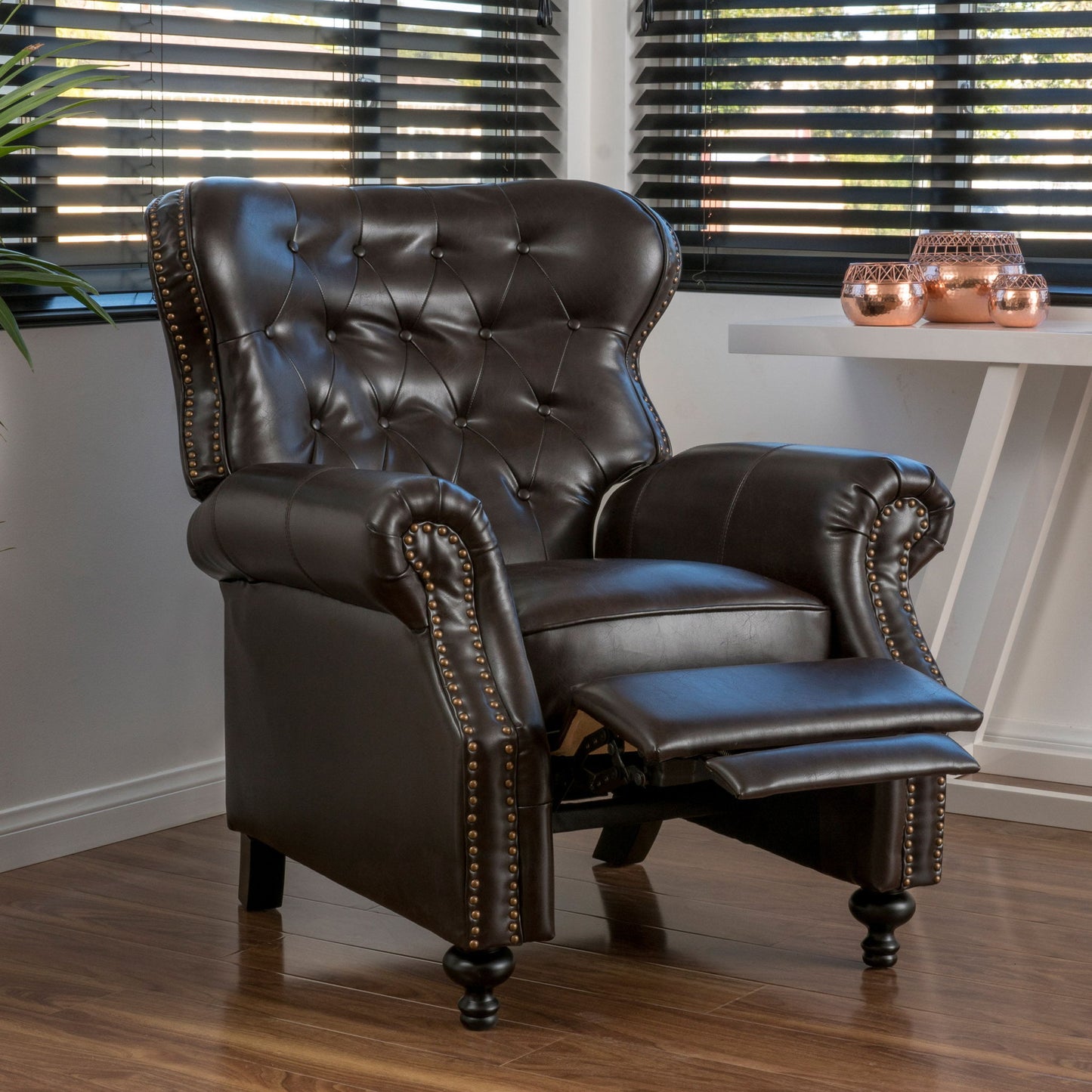 Contemporary Style Push Back Recliner With Button Tufted Stitching And Nailhead Trim Noble House