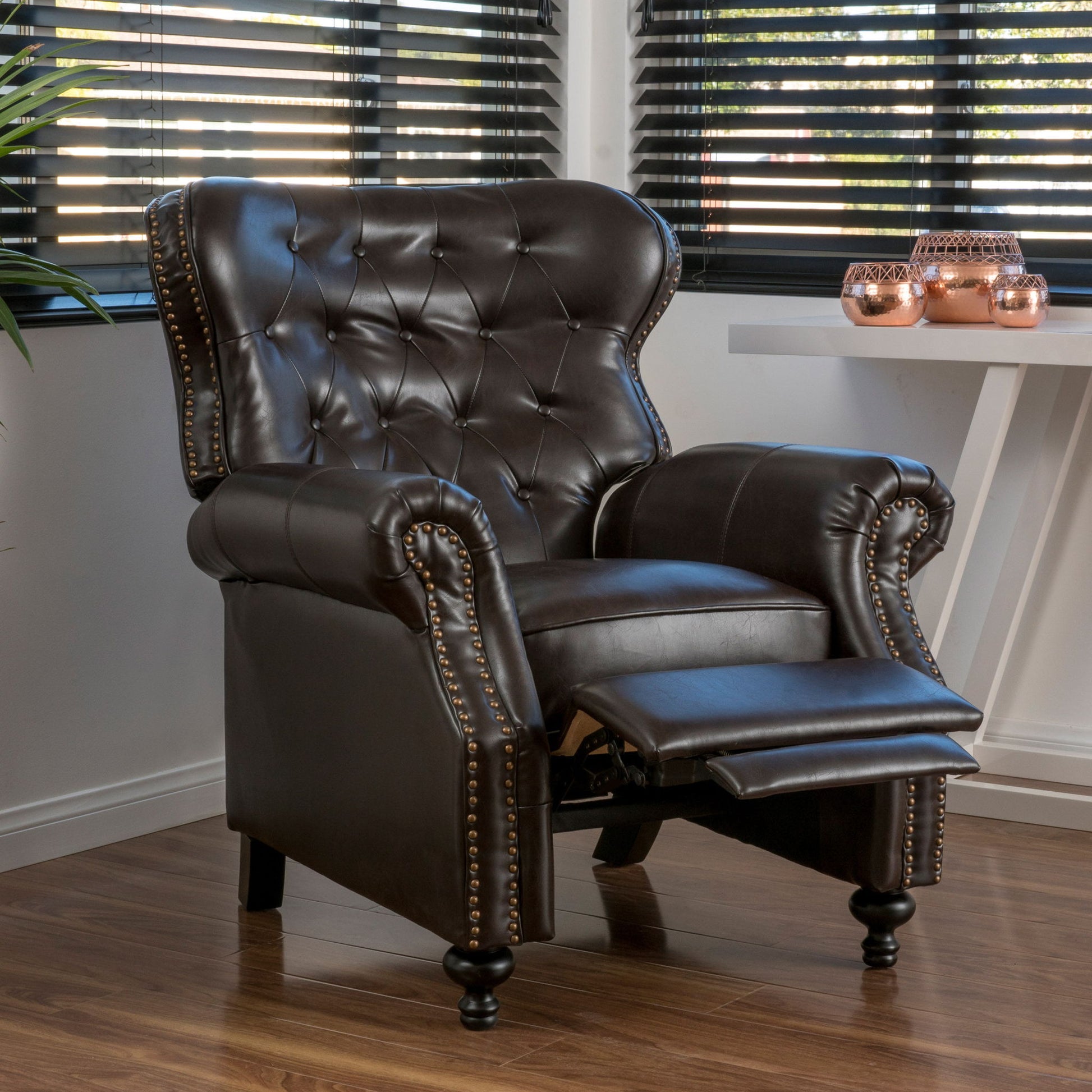 Contemporary Style Push Back Recliner With Button Tufted Stitching And Nailhead Trim Noble House