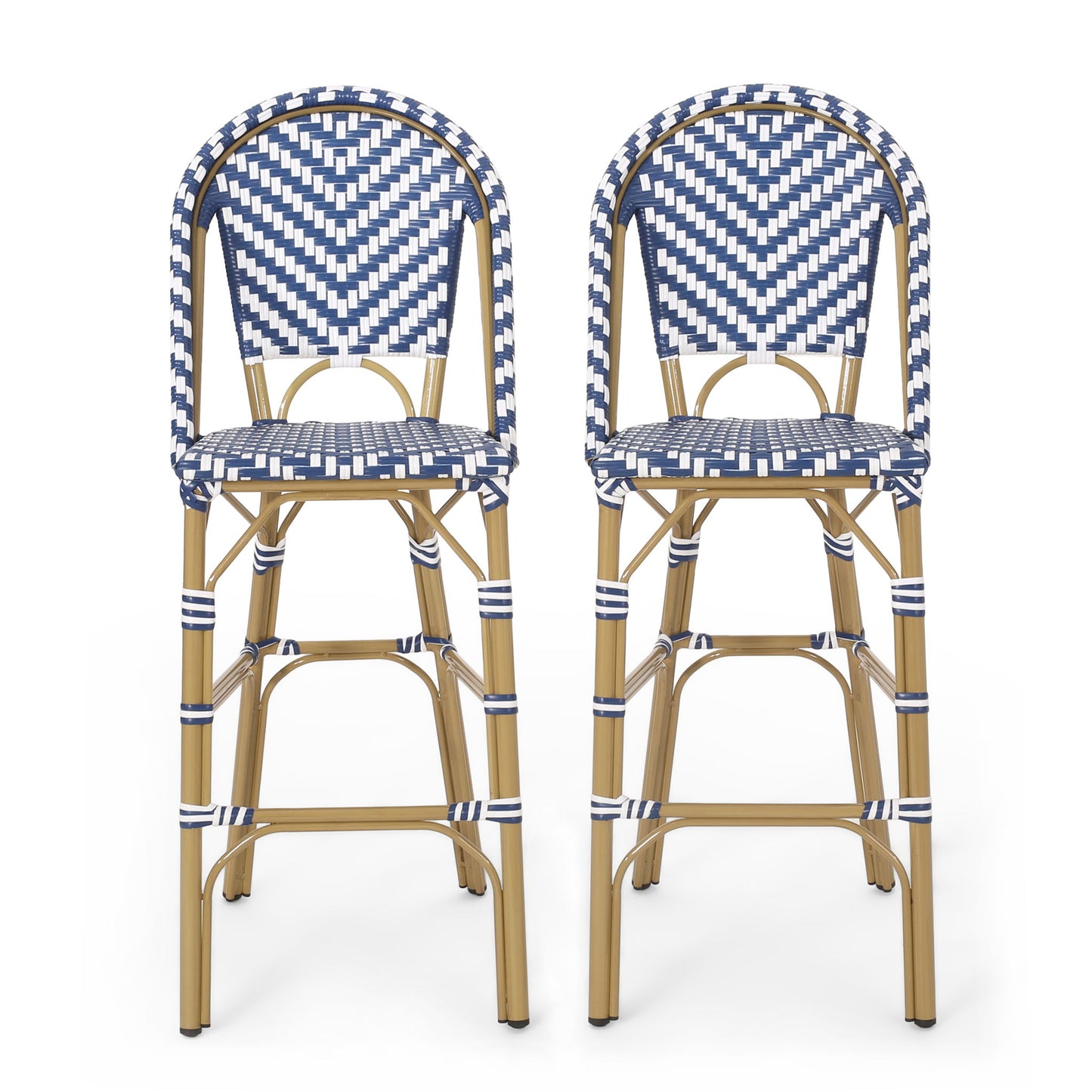 Outdoor Rattan French Barstool Set,, Bamboo, Seat Height - Navy Blue / White Noble House