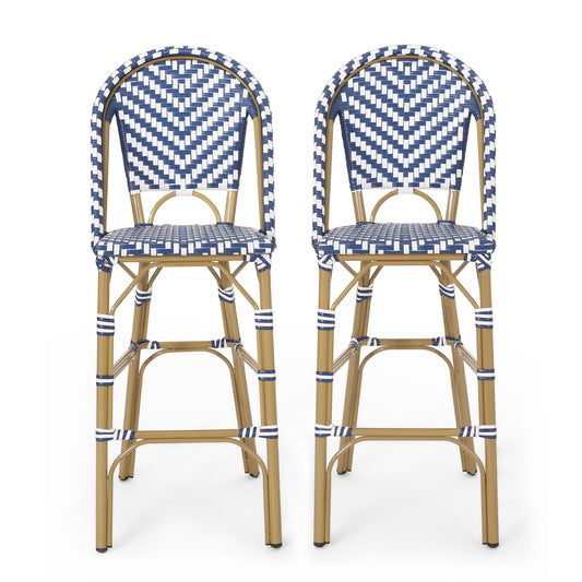 Outdoor Rattan French Barstool Set,, Bamboo, Seat Height - Navy Blue / White Noble House