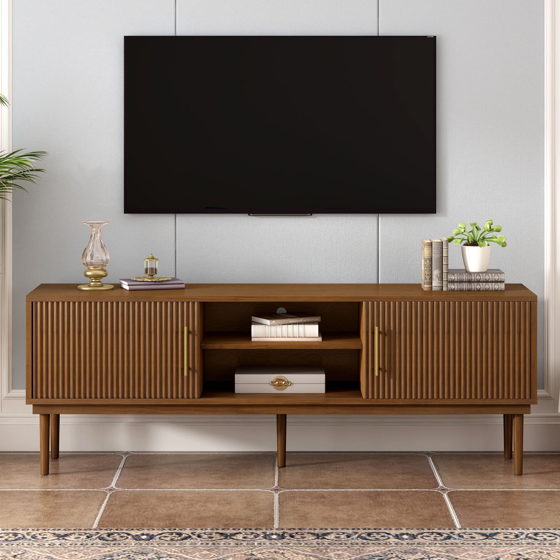 TV Stand With Vertical Slatted Doors And Sliding Panels, Solid Wood Legs - Brown Noble House