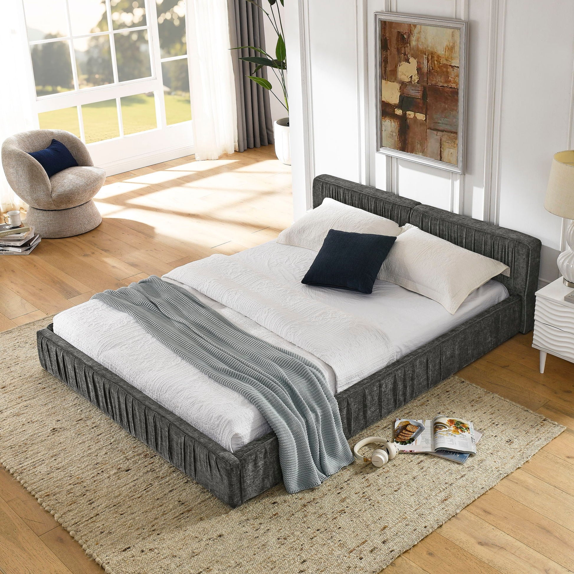 Modern Upholstered Platform Bed Frame With Pleated Design Home Essentials