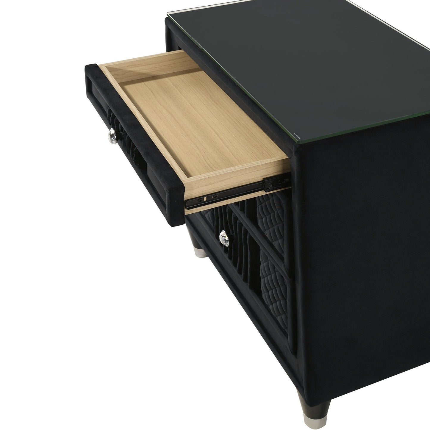 1 Piece Nightstand Upholstery Textured Look Luxurious Feel Drawer Fronts Crystal Style Knobs - Black Home Essentials