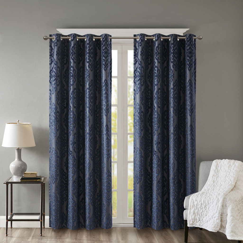 Mirage - 84" Knitted Damask Total Blackout Grommet Top Curtain Panel - Navy