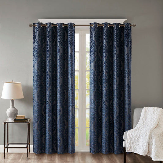 Mirage - 84" Knitted Damask Total Blackout Grommet Top Curtain Panel - Navy