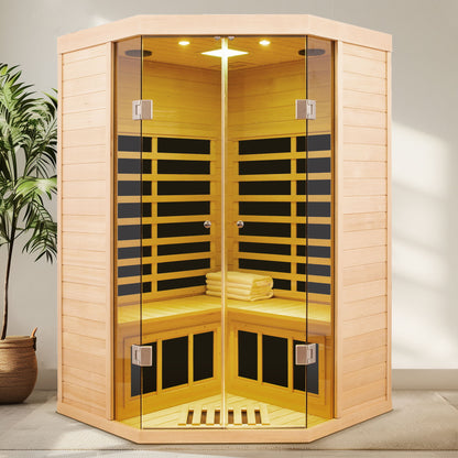 2 Persons Large Glass Front Deluxe Version Hemlock Far Infrared Corner Sauna Room - Natural Daily Nest